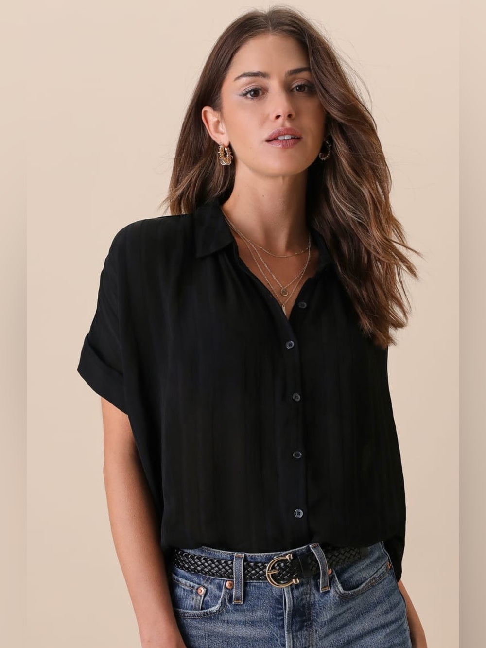 Lulus Black Button-Up Shirt, Size XS, 100% Viscose